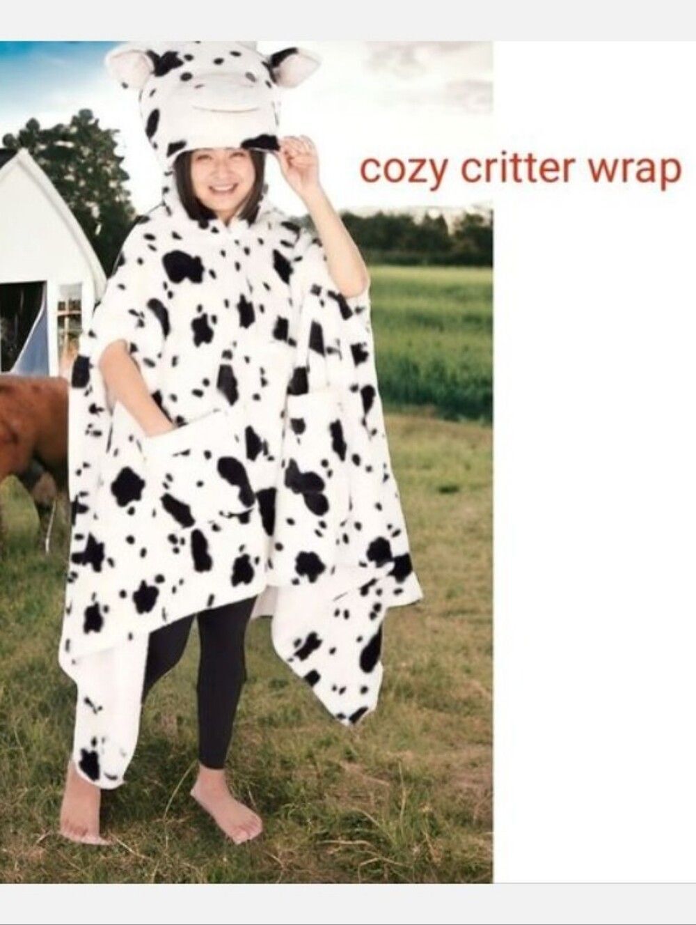 Cow-Print Hooded Wrap - Black & White Cozy Cape